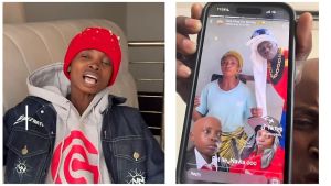 A split image showing Nigerian content creator Kolu Wahala wearing a red beanie and denim jacket on the left, and a close-up of a phone screen on the right displaying the viral video of the woman claiming to be his mother alongside Hamzacheeboy.