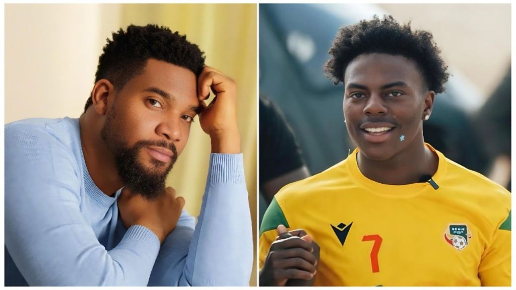 A split-screen composite image featuring Nigerian actor Kunle Remi on the left and American streamer IShowSpeed on the right. Kunle Remi, dressed in a light blue sweater, leans his head on his hand with a serious, contemplative expression. IShowSpeed, wearing a yellow and green football jersey with the number 7, is seen smiling with a small star sticker on his cheek.