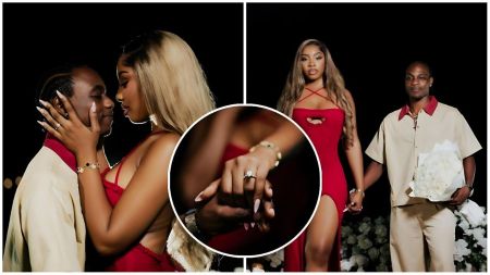 A collage showing Nigerian singer L.A.X and his fiancée Ella during their engagement ceremony. The left side captures an intimate close-up of the couple looking at each other, while the right side shows them standing together with L.A.X holding a bouquet of white roses. The center circular inset focuses on the diamond engagement ring on Ella's finger as she holds his hand.
