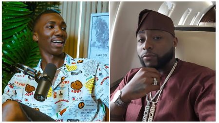 A split image featuring Nigerian skit maker Layi Wasabi smiling while speaking into a microphone during an interview on the left, and music superstar Davido posing in a brown traditional outfit and cap with heavy diamond jewelry on the right.
