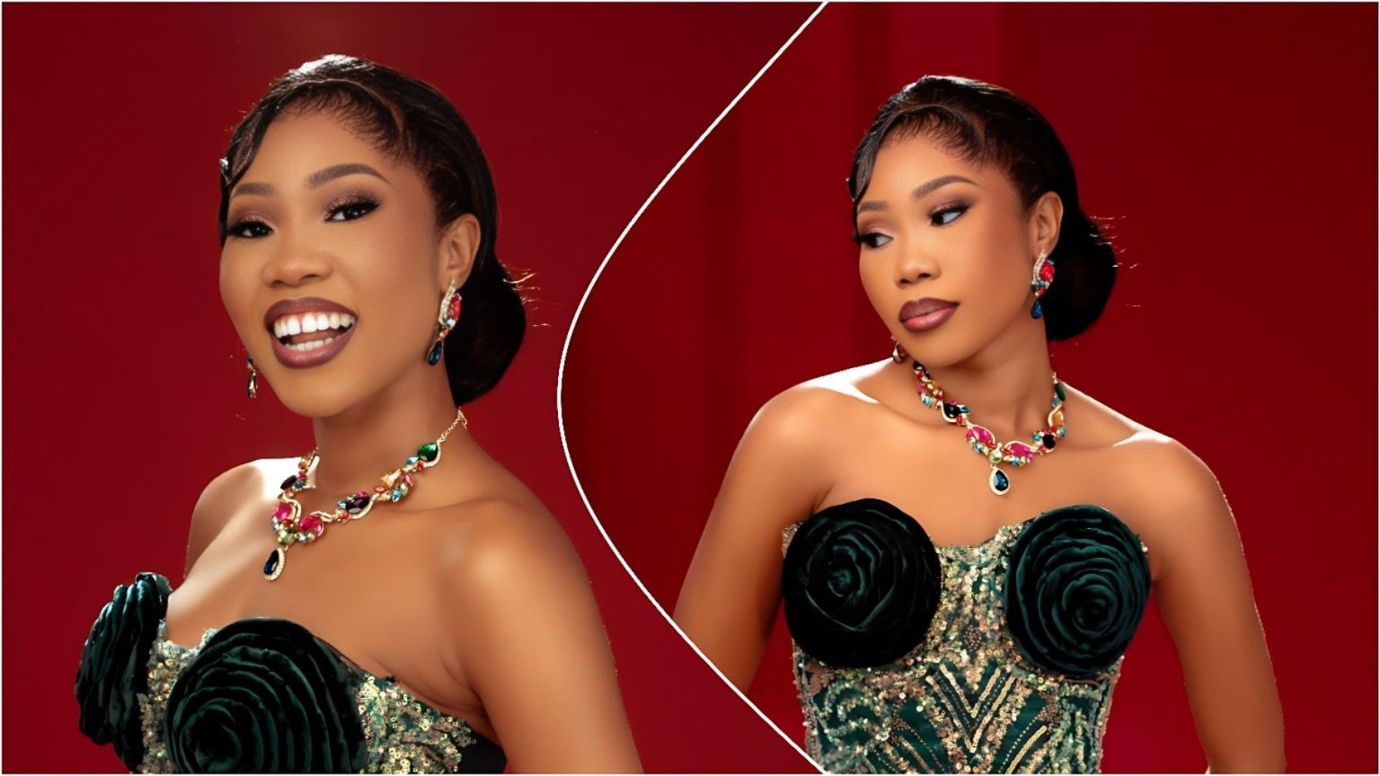 Nigerian actress and content creator Lizzy Jay (Omo Ibadan) posing in a dark green sequined strapless dress with rose details and colorful jewelry against a deep red background.