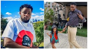 A split image featuring Nigerian skit maker Mark Angel; on the left, he poses in a white graphic t-shirt with a blue sky background, and on the right, he smiles while holding hands with his young daughter, Milla, who wears a multi-colored geometric dress and a backwards baseball cap.