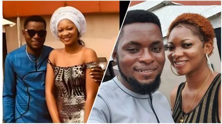 Mark Angel and his estranged wife Mandy in a split image featuring a photo of the couple in traditional Nigerian attire alongside a casual selfie of them smiling together.