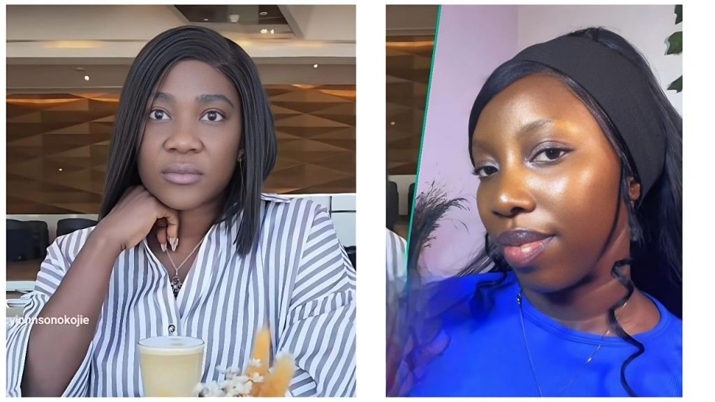 A split image showing Nollywood actress Mercy Johnson Okojie on the left, looking serious and wearing a striped shirt, next to a photo of TikToker Eddie Bliss on the right, who is wearing a blue top and looking towards the camera.