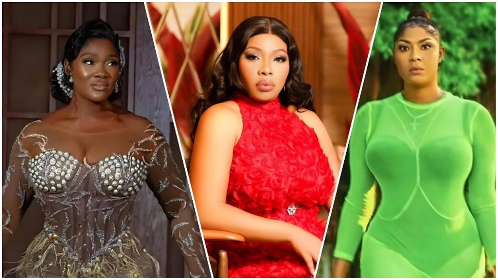 A split image featuring three Nollywood actresses side-by-side. On the left, Mercy Johnson Okojie poses in an elaborate, beaded sheer gown. In the center, Doris Ogala wears a sleeveless red dress with a rose texture. On the right, Angela Okorie is seen walking in a bright neon green outfit.