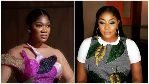 A split image featuring Nollywood actress Mercy Johnson Okojie on the left in a pink sequined dress and actress Angela Okorie on the right wearing a green and yellow patterned top.
