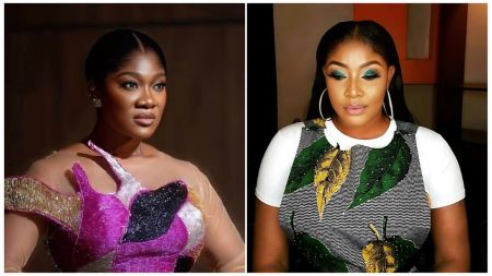 A split image featuring Nollywood actress Mercy Johnson Okojie on the left in a pink sequined dress and actress Angela Okorie on the right wearing a green and yellow patterned top.