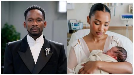 A split image featuring Nigerian singer Mr Eazi on the left, wearing a formal black tuxedo with a jeweled brooch. On the right is an AI-generated image depicting his wife, Temi Otedola, sitting in a hospital bed and smiling while cradling a newborn baby.