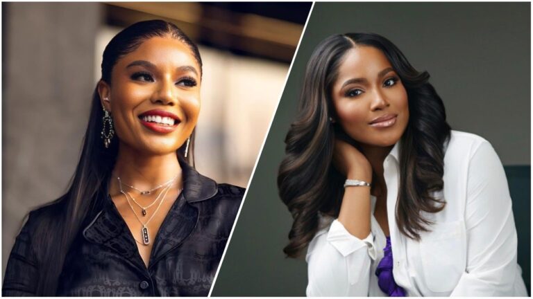 A split image featuring Nigerian actress Nancy Isime smiling in a black satin shirt on the left, and former beauty queen Sylvia Nduka posing in a white collared shirt on the right.