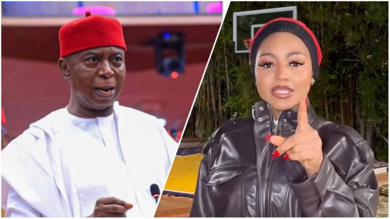 A split image featuring Nigerian politician Ned Nwoko on the left wearing traditional white attire and a red cap, alongside actress Regina Daniels on the right in a black leather jacket pointing her finger during a live broadcast.