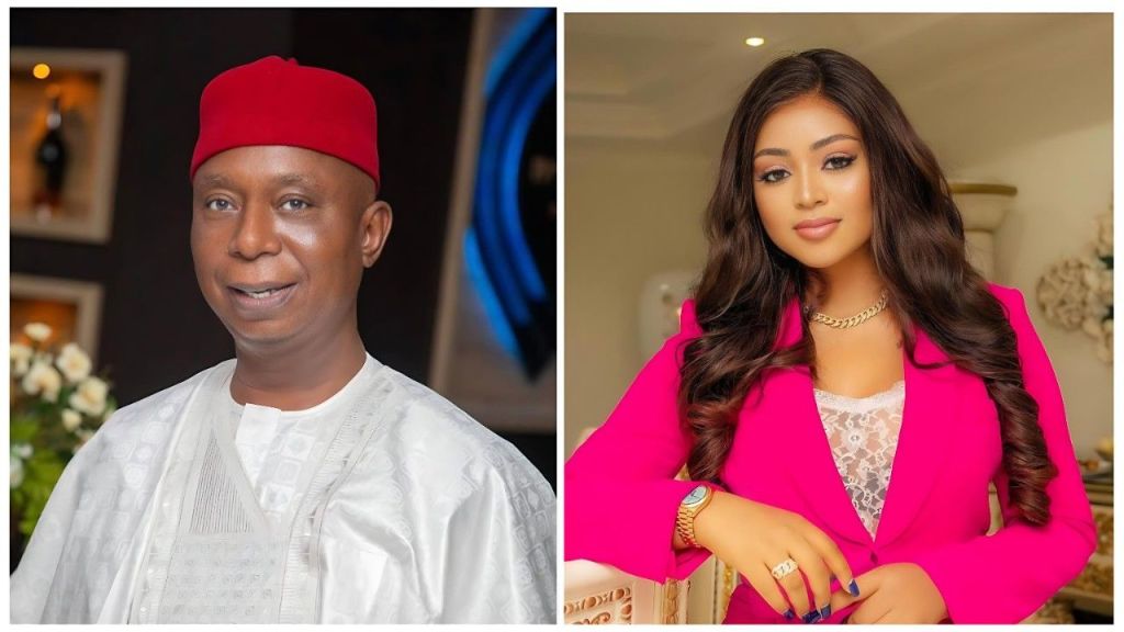A split-screen image featuring Senator Ned Nwoko on the left and actress Regina Daniels on the right. Senator Nwoko is wearing a white traditional agbada and a red cap, smiling slightly. Regina Daniels is dressed in a bright pink blazer over a white lace top, with long wavy hair and gold jewelry.