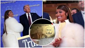 A composite news image featuring three elements: On the left, rapper Nicki Minaj in a white fur coat stands beside President Donald Trump on a stage with a blue background and "TrumpAccounts.gov" logos. On the right, a close-up shows Minaj smiling broadly at the event. In the center, a circular overlay displays a gold-colored metal card held in a hand, featuring a portrait of Donald Trump, an American flag, and the text "TRUMP GOLD CARD."