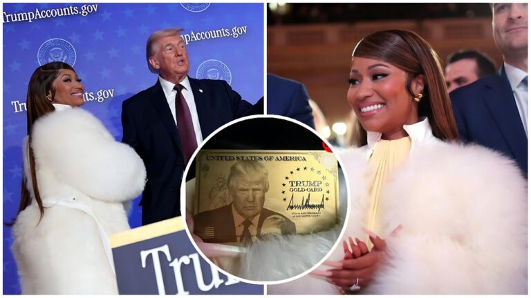 A composite news image featuring three elements: On the left, rapper Nicki Minaj in a white fur coat stands beside President Donald Trump on a stage with a blue background and "TrumpAccounts.gov" logos. On the right, a close-up shows Minaj smiling broadly at the event. In the center, a circular overlay displays a gold-colored metal card held in a hand, featuring a portrait of Donald Trump, an American flag, and the text "TRUMP GOLD CARD."