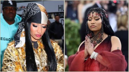A split image featuring two photos of Nicki Minaj. Left: A candid shot of Minaj arriving at the Marc Jacobs Fall 2020 fashion show in New York City; she is looking down while wearing a metallic gold trench coat and a black-and-white Chanel headscarf, with her husband Kenneth Petty visible in the background. Right: A red carpet photo of Minaj at the 2018 Met Gala; she is posing with her hands clasped in prayer, wearing a crimson Oscar de la Renta gown with a plunging neckline and an elaborate beaded headpiece.