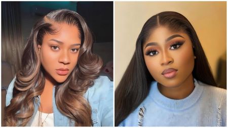 A split image featuring Nollywood actress Nkechi Blessing Sunday on the left and BBNaija star Imisi on the right. Nkechi is styled with long, wavy, highlighted hair and a denim shirt, while Imisi has long, straight black hair, full makeup, and wears a light blue textured sweater.