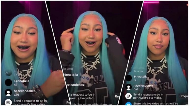 A collage of three vertical screenshots from an Instagram Live video featuring North West. She has long, bright turquoise hair and is wearing a black graphic t-shirt with a large, chunky silver chain necklace featuring a skull pendant. In the left image, she is smiling with her mouth slightly open, revealing dark braces or grills. In the center image, she is looking at the camera with her hands raised near her ears, pointing her fingers towards her head with an animated expression. In the right image, she has a neutral, calm expression. The background is dark with pink ambient lighting, and social media interface overlays are visible at the bottom.