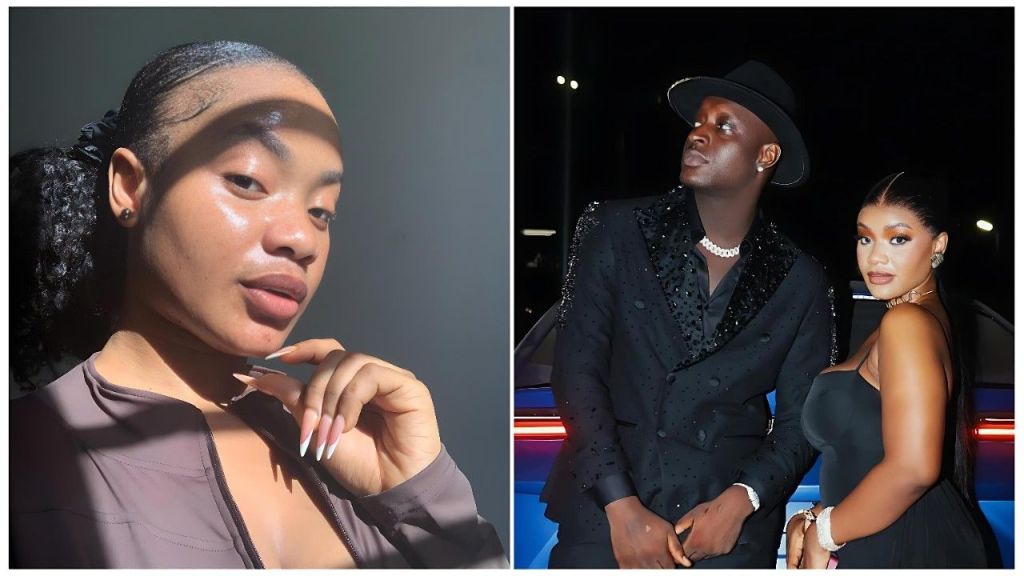 A split-screen composite image. On the left, a close-up, natural-light selfie of Nuella looking directly at the camera with a bare face. On the right, a formal nighttime shot shows Carter Efe in a black sequined suit and hat standing next to Nuella, who is wearing a black dress, beside a blue car.