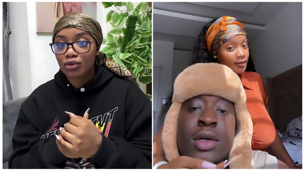 A split-screen composite image. On the left, Nuella is seated indoors, wearing a black graphic hoodie, glasses, and a brown patterned headscarf, looking serious while addressing the camera. On the right, a close-up selfie shows comedian Carter Efe wearing a large beige furry hat, with Nuella posing behind him wearing an orange top and headwrap.