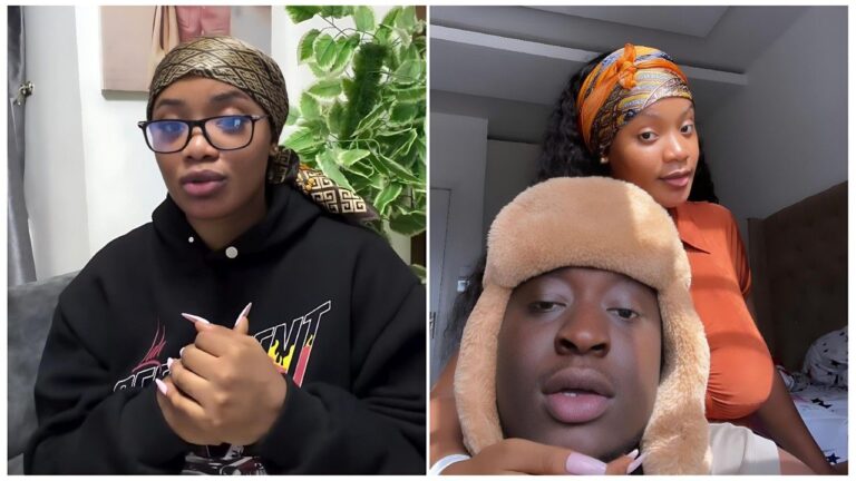 A split-screen composite image. On the left, Nuella is seated indoors, wearing a black graphic hoodie, glasses, and a brown patterned headscarf, looking serious while addressing the camera. On the right, a close-up selfie shows comedian Carter Efe wearing a large beige furry hat, with Nuella posing behind him wearing an orange top and headwrap.