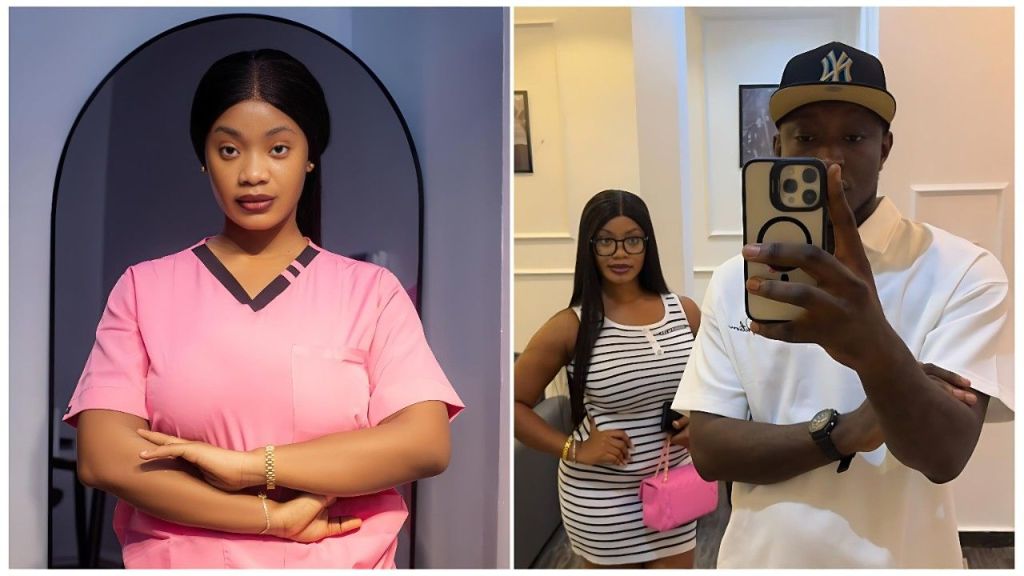 A split-screen collage featuring two photos. On the left, Nuella poses looking directly at the camera wearing a pink medical scrub top with her arms crossed. On the right, she is pictured in a mirror selfie standing beside skit maker Carter Efe; she wears a black-and-white striped dress and glasses, while Carter Efe wears a white polo shirt and a dark baseball cap, holding a phone to capture the photo.