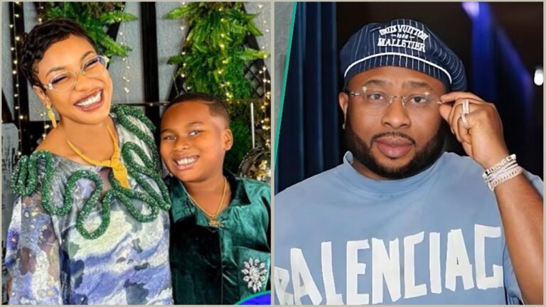 A split image featuring Tonto Dikeh and her son on the left, and Olakunle Churchill on the right. On the left, Tonto Dikeh is smiling broadly, wearing glasses and a green patterned outfit with a large green snake-like neckpiece, standing next to her smiling son, King Andre, who wears a matching green velvet shirt. On the right, Olakunle Churchill is pictured wearing a blue "Louis Vuitton" beret, a light blue "Balenciaga" t-shirt, and glasses, adjusting his frames with his left hand which is adorned with bracelets.