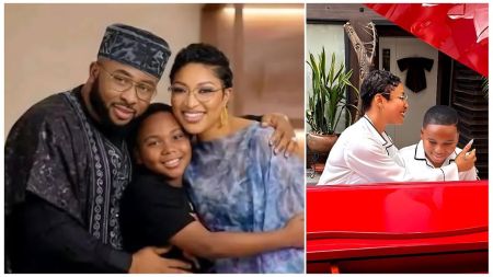 A collage image showing a throwback family photo of Olakunle Churchill, Tonto Dikeh, and their son King Andre embracing on the left, alongside a recent photo of Tonto Dikeh and King Andre playing a red piano in matching white pajamas on the right.