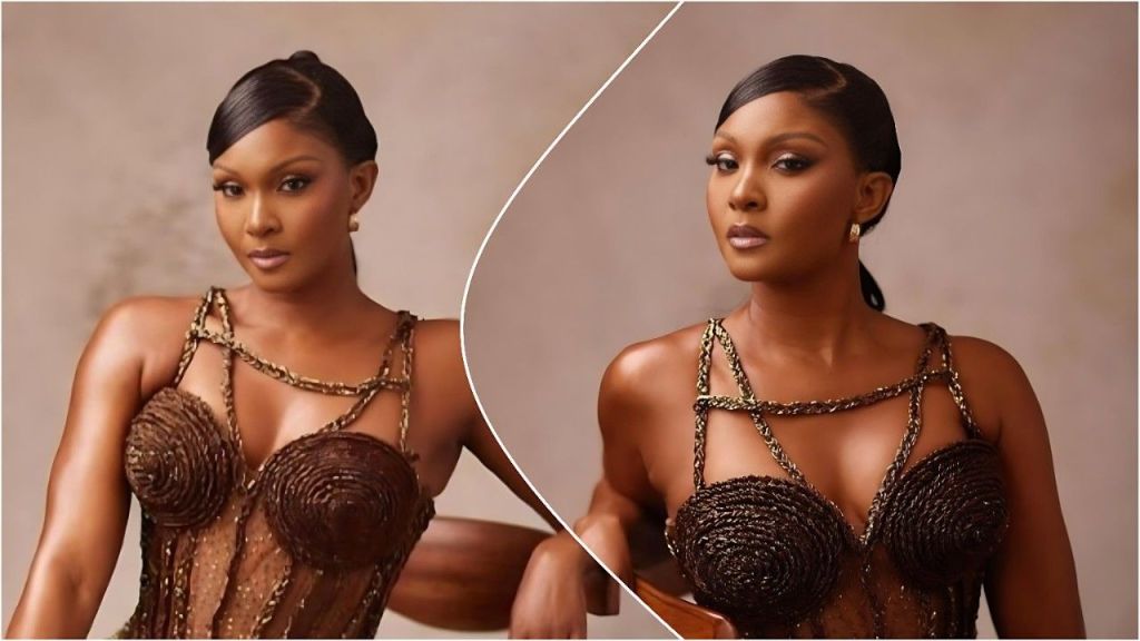 Nollywood actress Osas Ighodaro posing in a structured brown metallic corset top with a sleek ponytail hairstyle in a studio photo collage.