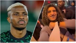 A split image featuring Super Eagles striker Victor Osimhen looking serious in his green jersey on the left, and a Moroccan content creator smiling mischievously while filming a viral video near the Nigerian team bus on the right.
