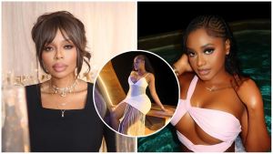 A split-screen composite image featuring South African designer Pam Mlunjwana on the left and Nigerian influencer Ama Reginald on the right. Pam is shown in a close-up portrait wearing a black square-neck top and layered silver jewelry, with her hair styled in an updo with bangs. Ama is pictured in a swimming pool wearing a light pink cutout swimsuit with her hair in cornrows. A circular inset in the center displays a full-body shot of Ama wearing a white dress with fringe detailing.