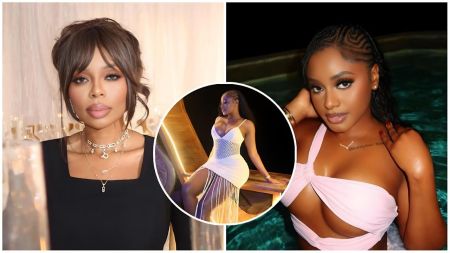 A split-screen composite image featuring South African designer Pam Mlunjwana on the left and Nigerian influencer Ama Reginald on the right. Pam is shown in a close-up portrait wearing a black square-neck top and layered silver jewelry, with her hair styled in an updo with bangs. Ama is pictured in a swimming pool wearing a light pink cutout swimsuit with her hair in cornrows. A circular inset in the center displays a full-body shot of Ama wearing a white dress with fringe detailing.