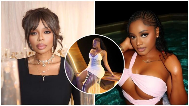 A split-screen composite image featuring South African designer Pam Mlunjwana on the left and Nigerian influencer Ama Reginald on the right. Pam is shown in a close-up portrait wearing a black square-neck top and layered silver jewelry, with her hair styled in an updo with bangs. Ama is pictured in a swimming pool wearing a light pink cutout swimsuit with her hair in cornrows. A circular inset in the center displays a full-body shot of Ama wearing a white dress with fringe detailing.