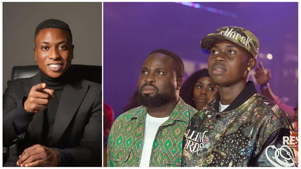 A split image featuring Pastor Bolaji Idowu on the left and content creator Peller on the right. On the left, Pastor Bolaji smiles and points directly at the camera while wearing a black suit and turtleneck. On the right, Peller stands in the congregation at the Harvesters 'RESET' crossover service, wearing a patterned jacket and cap, looking attentively towards the altar alongside another attendee.