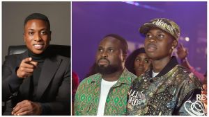 A split image featuring Pastor Bolaji Idowu on the left and content creator Peller on the right. On the left, Pastor Bolaji smiles and points directly at the camera while wearing a black suit and turtleneck. On the right, Peller stands in the congregation at the Harvesters 'RESET' crossover service, wearing a patterned jacket and cap, looking attentively towards the altar alongside another attendee.