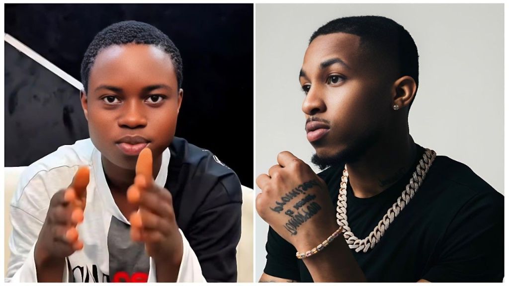 A split photo collage featuring Nigerian streamer Peller on the left, gesturing with his hands while wearing a white and black top, and American rapper DDG on the right, looking to the side while wearing a black t-shirt and a silver chain necklace.