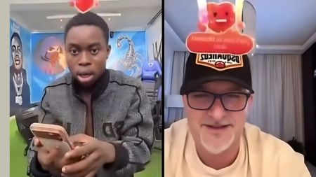 A split-screen screenshot of a live video call. On the left, Nigerian content creator Peller looks at his phone with a shocked expression and open mouth. On the right, Dubai-based businessman Samy Du smiles while wearing glasses and a black cap with a "DSQUARED2" patch.