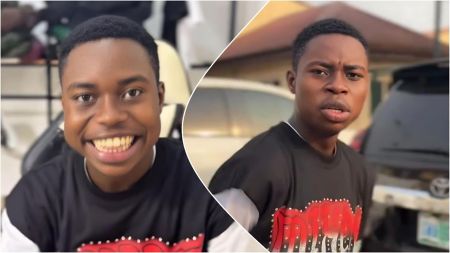 A split-screen collage featuring Nigerian streamer Peller. On the left, he is seated in a gaming chair, smiling broadly at the camera. On the right, he stands outdoors next to a car with a serious or confused expression. He is wearing a black t-shirt with a red and silver graphic design in both frames.