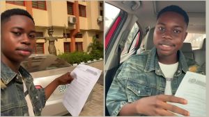 Peller displays his university admission letter in a split-screen photo; on the left, the streamer stands before a Law Faculty building featuring a statue of Lady Justice, and on the right, he smiles inside a car while holding the document.