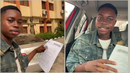 Peller displays his university admission letter in a split-screen photo; on the left, the streamer stands before a Law Faculty building featuring a statue of Lady Justice, and on the right, he smiles inside a car while holding the document.