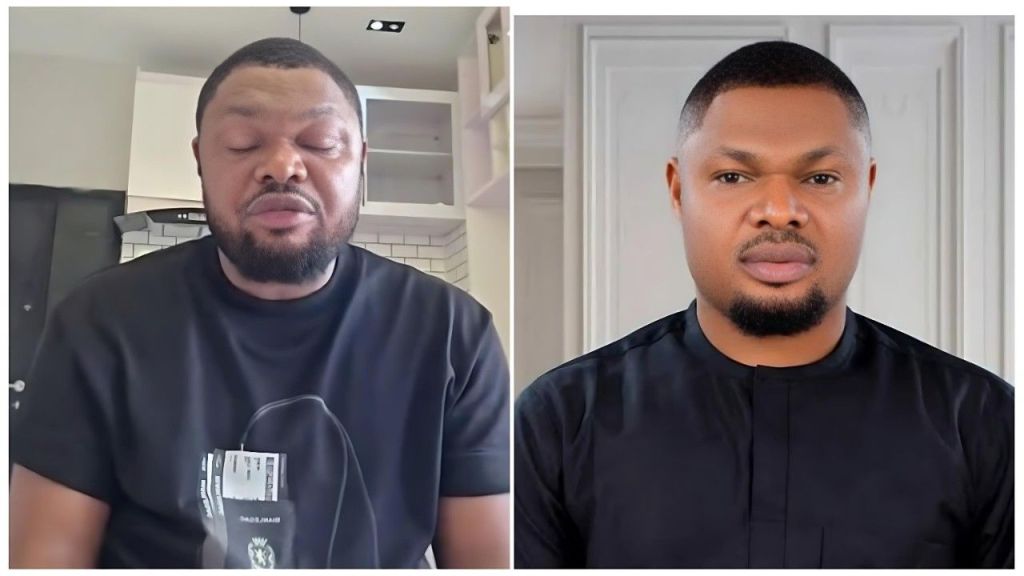 A split-screen image featuring Nigerian human rights activist Harrison Gwamnishu. On the left, he is seen wearing a casual black t-shirt with a graphic print, appearing to speak with a solemn expression against a background of white kitchen cabinets. On the right, he is shown in a close-up portrait wearing a black traditional tunic, looking directly at the camera with a serious expression against a white paneled background.