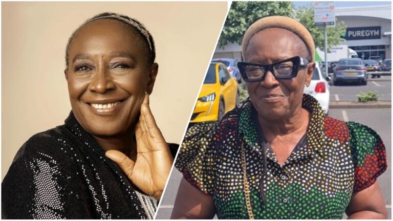 A composite image featuring veteran Nollywood actress Patience Ozokwo. On the left, she smiles in a professional studio headshot wearing a black sequined top. On the right, she poses outdoors in a casual Ankara print top and sunglasses.
