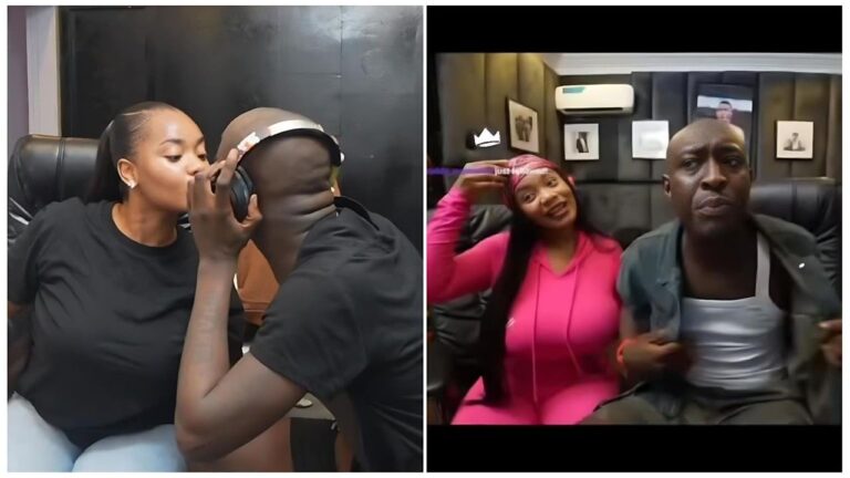 Collage showing two cozy throwback moments of Carter Efe and his baby mama Emmanuella; on the left, she kisses his head in a studio, and on the right, they laugh together during a live stream.