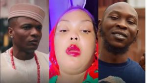 A split-screen collage featuring three Nigerian public figures involved in a recent controversy. On the left is singer Wizkid, looking serious while wearing a beige traditional outfit and cap with coral beads. In the center is Motunrayo Kuti, shown in a close-up with bright red braided hair and red lipstick. On the right is musician Seun Kuti, smiling and wearing a navy blue t-shirt.
