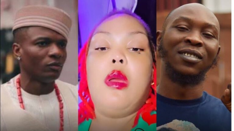 A split-screen collage featuring three Nigerian public figures involved in a recent controversy. On the left is singer Wizkid, looking serious while wearing a beige traditional outfit and cap with coral beads. In the center is Motunrayo Kuti, shown in a close-up with bright red braided hair and red lipstick. On the right is musician Seun Kuti, smiling and wearing a navy blue t-shirt.