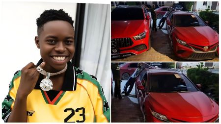 A split image featuring Nigerian content creator Peller smiling while wearing a yellow and green jersey and a silver chain on the left. On the right, two stacked photos display his red 2022 Mercedes-Benz SUV and red 2020 Toyota Camry parked side-by-side in a garage.