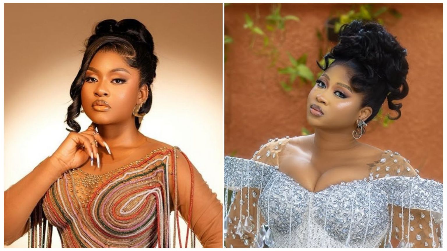 A split image featuring reality TV stars Phyna and Imisi. On the left, Phyna poses in a sheer, structural brown dress with intricate multi-colored piping details and a high updo hairstyle. On the right, Imisi wears a glamorous, silver embellished off-shoulder corset gown with a curly updo and drop earrings.