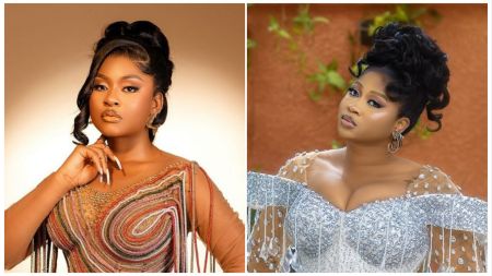 A split image featuring reality TV stars Phyna and Imisi. On the left, Phyna poses in a sheer, structural brown dress with intricate multi-colored piping details and a high updo hairstyle. On the right, Imisi wears a glamorous, silver embellished off-shoulder corset gown with a curly updo and drop earrings.