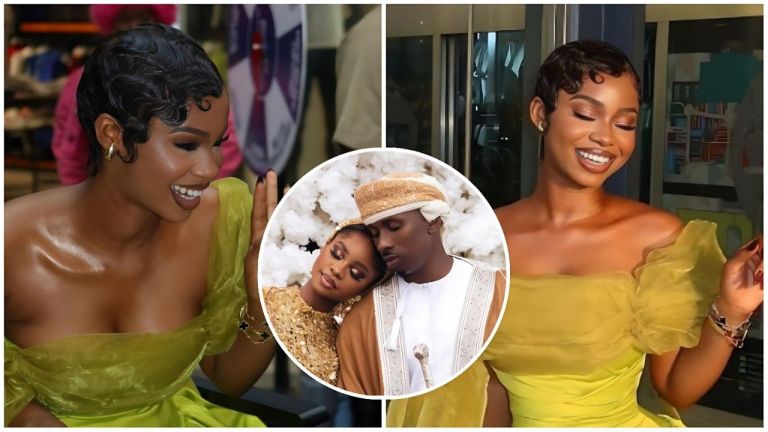 Priscilla Ojo: 5 major updates on the wedding theft, Afrima drama and Juma Jux marriage Priscilla Ojo wearing a lime green off-shoulder dress with a short finger-wave hairstyle, featuring an inset circular photo of her and Juma Jux embracing in traditional gold and white wedding attire.