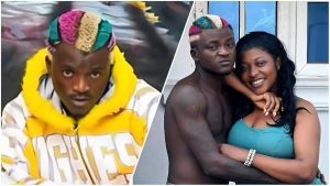 A split-screen collage featuring Nigerian singer Portable. On the left, he is seen wearing a yellow hooded jacket with his signature multi-coloured dyed hair. On the right, a shirtless Portable poses affectionately with his partner, Ashabi Simple, who wears a teal top and smiles at the camera.