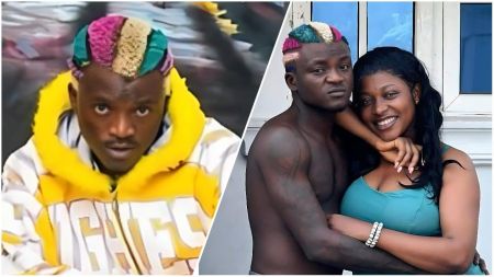 A split-screen collage featuring Nigerian singer Portable. On the left, he is seen wearing a yellow hooded jacket with his signature multi-coloured dyed hair. On the right, a shirtless Portable poses affectionately with his partner, Ashabi Simple, who wears a teal top and smiles at the camera.