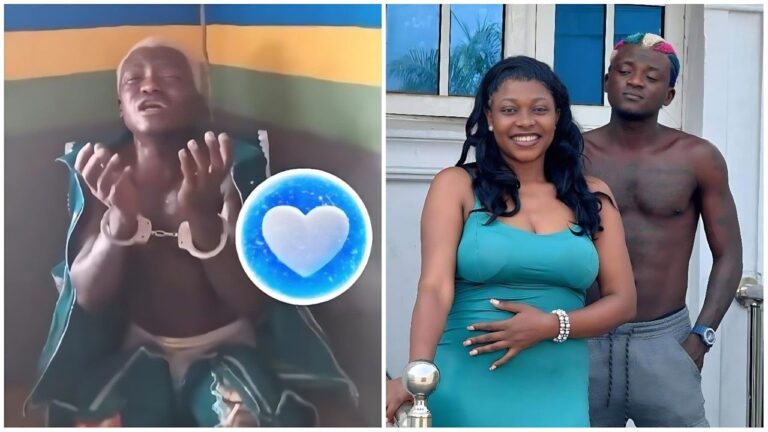 A split image showing contrasting scenes involving Nigerian singer Portable. On the left, the singer appears distressed, shirtless, and handcuffed while kneeling in a police cell. On the right, a happier photo shows him standing behind his baby mama, Ashabi Simple, as they both smile at the camera.